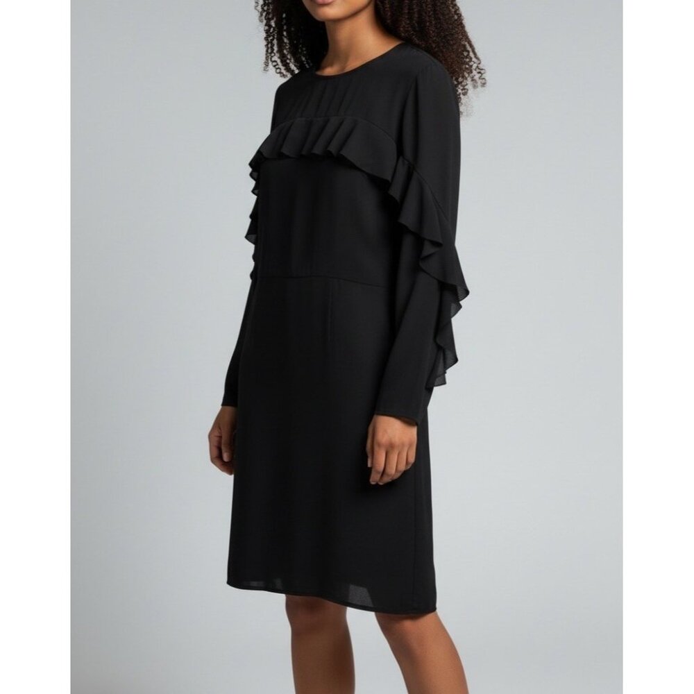Banana Republic Dress 12 Solid Black Llong Sleeve Chiffon Ruffled Career NEW